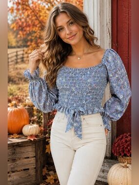 ACOA Blue Floral Smocked Tie Front Long Sleeve Crop Blouse | Cottagecore Peasant
